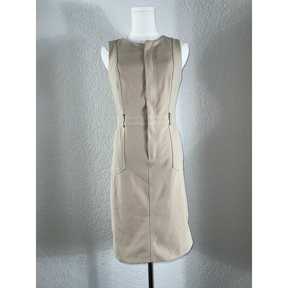 Tommy Hilfiger Beige Tan Sleeveless Sheath Dress Utility Contrast Stitch Belted